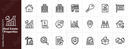 Real Estate Properties and Mortgage Line Icon Set - Minimalist Luxury Villa, Plot of Land, and Property Management Vector Illustrations
