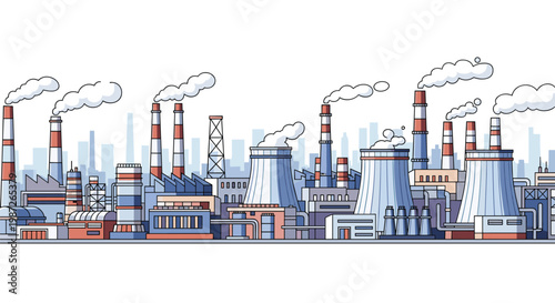 Industrial panorama with factory buildings cooling towers and smoke stacks against a city skyline backdrop.