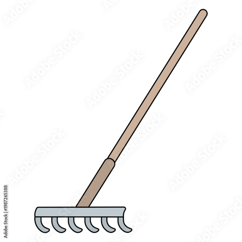 Garden rake. A tool for leveling the ground and removing weeds with a long, straight wooden handle. Color vector illustration. Isolated on white background. Idea for web design.