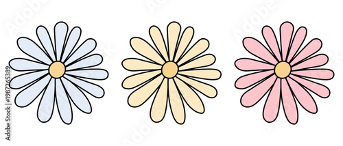Three flowers. Set of wildflowers with blue, yellow, and pink petals. Color vector illustration. Isolated on white background.  Idea for web design.