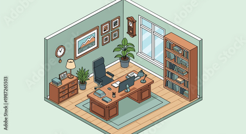 Isometric home office interior with desk chair bookshelf and various work from home supplies and equipment.