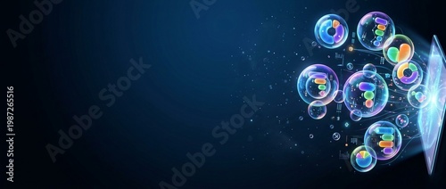 Surreal holographic workspace with 3D cartoon bubble screens on far right, deep space blue empty void on left for clean text overlay and banner