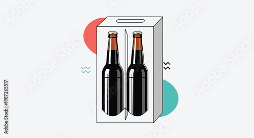 Two dark beer bottles packaged in a gray cardboard carrier with colorful abstract background shapes.