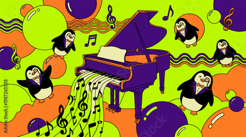 Grand Piano Musical Note Waterfall and Floating Penguins Pop Surrealism Flat Illustration with Bold Outlines