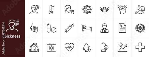 Sickness and Medical Symptoms Line Icon Set - Minimalist Illness, Flu, and Patient Healthcare Vector Illustrations