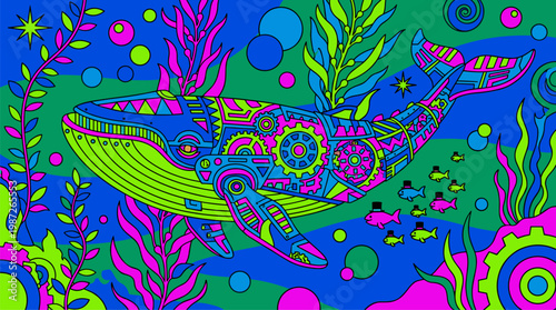 Mechanical Whale Swimming in Surreal Ocean Pop Surrealism Flat Illustration with Bold Outlines