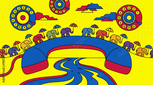 Vintage Telephone Bridge with Elephant Parade and Umbrellas Pop Surrealism Flat Illustration with Bold Outlines