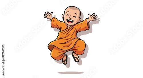 Joyful young monk jumping with open arms, cartoon style, isolated on white