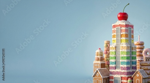 Giant surreal rainbow cake skyscraper on far right, smooth empty pastel blue void on left for presentation slide and clean text overlay