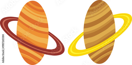 Vector Illustration of Two Stylized Planets with Rings in Orange and Yellow for Space, Astronomy, and Digital Art Designs