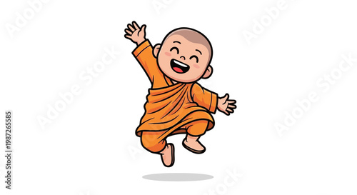 Happy Cartoon Monk Child Jumping Joyfully, Isolated on White Background
