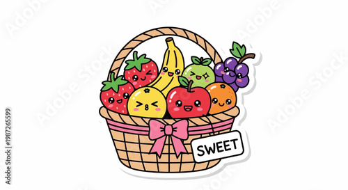 Kawaii Fruit Basket with Happy Faces - Sweet Treat Sticker Art