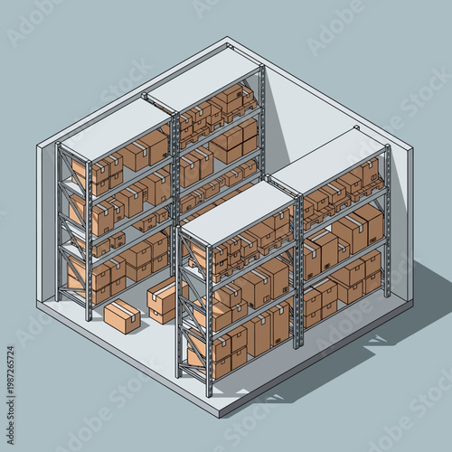 Isometric illustration of a warehouse storage facility with shelving units and boxes.