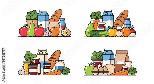 Four sets of healthy grocery products including milk bread fresh vegetables and fruits in a simple style.