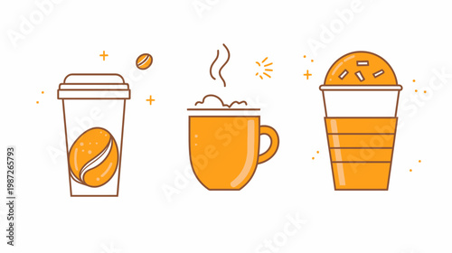 Illustration of coffee beverages, a to-go cup, mug, and a cold drink cup