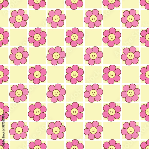Cute Kawaii Smiling Pink Flowers Seamless Pattern. Kawaii smile pink flowers seamless pattern
