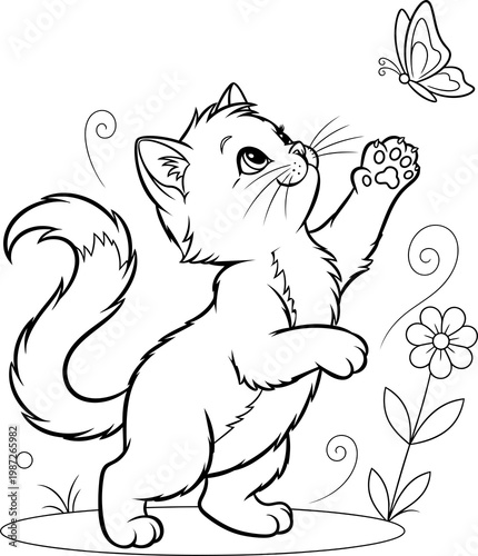 Line art kitten playing with butterfly and flower garden