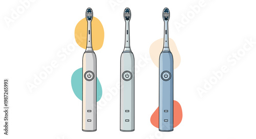 Three modern electric toothbrushes in white gray and blue colors for personal oral hygiene and care.