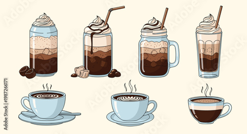 Assorted coffee drinks including cold lattes with whipped cream and hot cups of cappuccino and espresso.