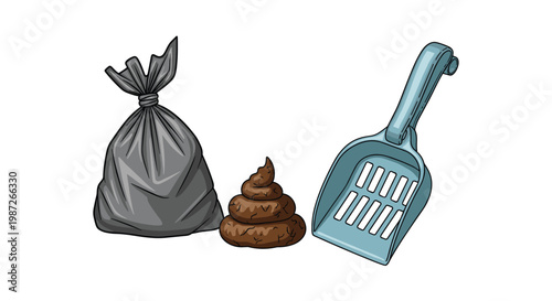 Pet care cleanup supplies featuring a waste bag cat litter scoop and a pile of animal waste objects.