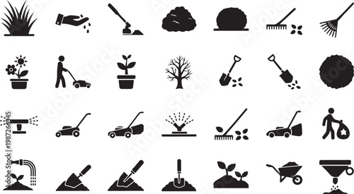 Gardening tools and plant care icons set vector transparent background for agriculture.