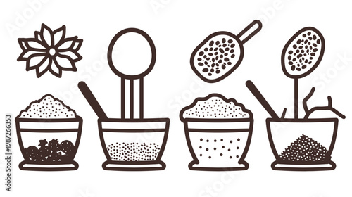 Monochrome illustration of spices, herbs, and flowers, possibly for culinary or medicinal use