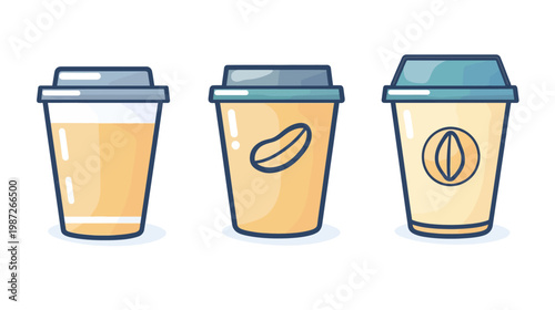 Three stylized, illustrated disposable coffee cups, one transparent, two with coffee bean designs