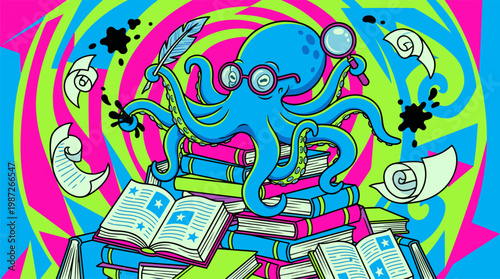 Wise Octopus Librarian Reading Books Pop Surrealism Flat Illustration with Bold Outlines Design