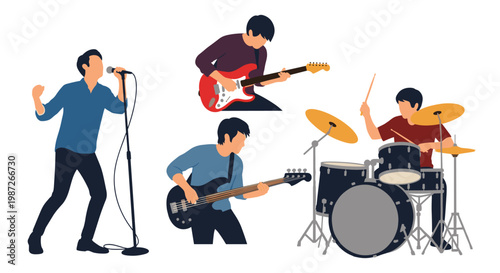 Rock band group performing on stage with singer, two guitarists, and drummer shown in a colorful flat vector illustration.