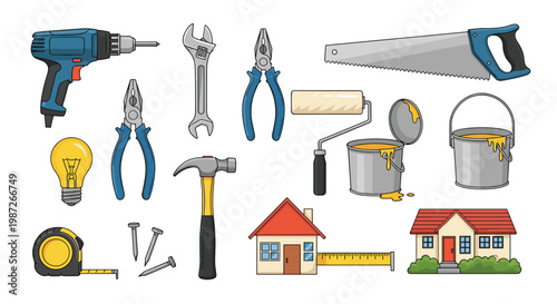 Comprehensive collection of home improvement tools and equipment including drill hammer paint and house icons.