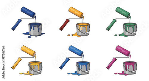 Set of six paint rollers dripping colorful paint into open cans including blue, yellow, green, and pink in a clean vector style.
