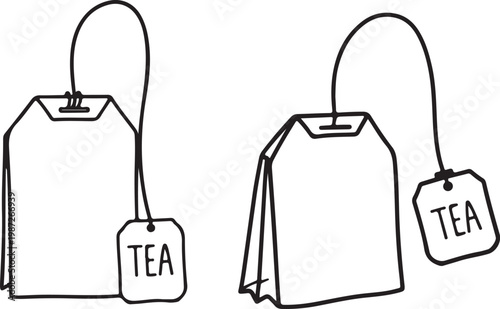 Tea bag line drawing illustration showing two different perspectives of paper teabags with string and paper label for cafe menu design.