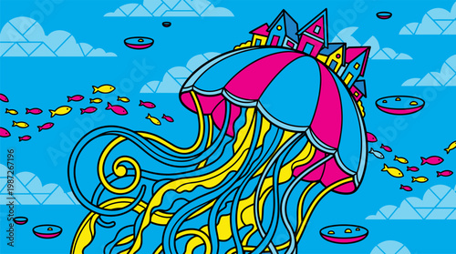 Massive Jellyfish Floating with Houses Pop Surrealism Flat Illustration with Bold Outlines