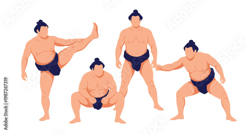 Set of four sumo wrestlers in various traditional poses including stomping, crouching, and standing on a plain background.