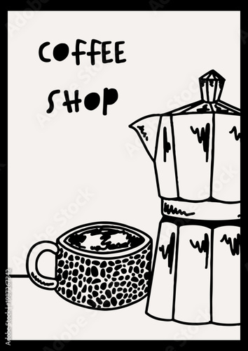 Black and white coffee shop print with moka pot, textured cup and bold lettering. Retro poster inspired by italian cafe culture, featuring a cozy espresso scene on a light background.