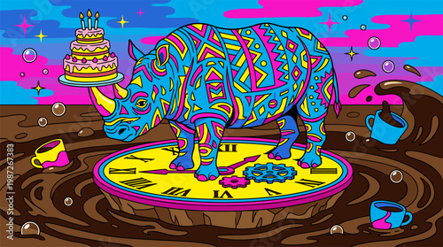 Rhinoceros Balancing Tiered Cake on Clock Island Pop Surrealism Flat Illustration with Bold Outlines