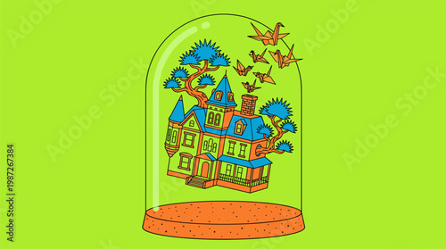 Victorian House in Glass Bell Jar with Bonsai Trees Pop Surrealism Flat Illustration with Bold Outlines