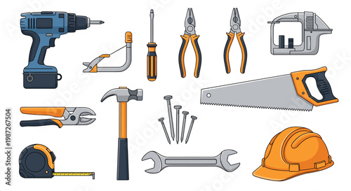 Extensive set of construction and repair tools featuring a power drill, hammer, saw, pliers, wrench, and safety helmet.