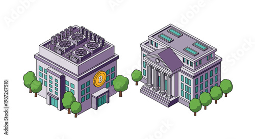 Isometric comparison between a modern cryptocurrency mining facility with cooling fans and a traditional bank with columns.