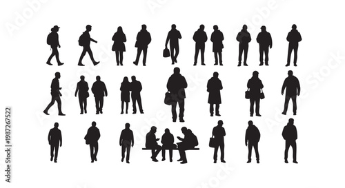 Diverse group of people in silhouette, walking, sitting, and standing for daily life and urban scene concept design.