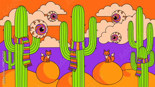Surreal Desert Landscape with Floating Eyeballs and Cacti Pop Surrealism Flat Illustration with Bold Outlines