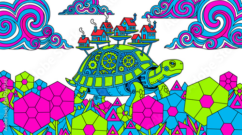 Giant Mechanical Clockwork Tortoise with Floating Village Pop Surrealism Flat Illustration with Bold Outlines