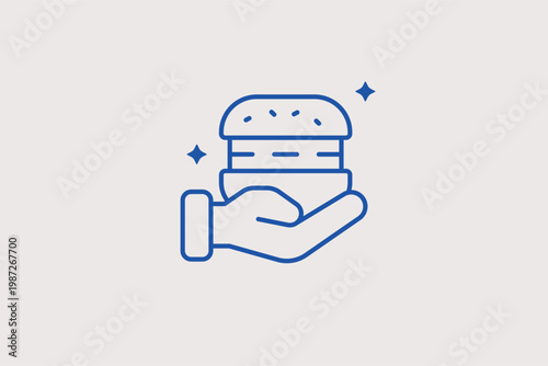 Hand holding a burger line icon for food bank services and hunger relief programs. Practical Vector Illustration for meal distribution guides and charitable aid apps.