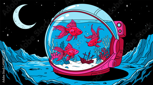Astronaut Helmet Fishbowl with Goldfish and Coral Reef in Space Pop Surrealism Flat Illustration with Bold Outlines
