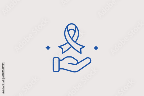 Hand holding an awareness ribbon line icon for medical research funding and health solidarity. Symbolic Vector Illustration for cancer awareness and health-focused event banners.