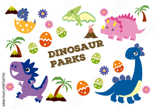 Cute cartoon dinosaurs and eggs with palm trees and volcanoes, illustrating a dinosaur park theme.