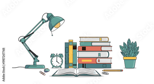 Study desk setup featuring a green adjustable lamp, several stacks of books, a clock, an open book, and a small potted plant.