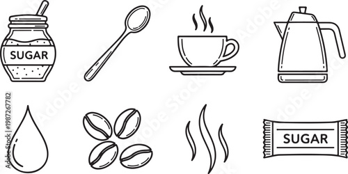 Set of coffee preparation icons featuring sugar jar spoon steaming cup and moka pot isolated on transparent background for cafe design.