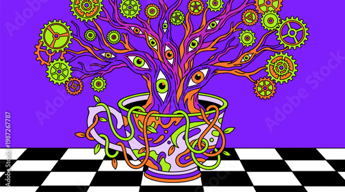 Surreal Eyeball Tree Growing From Teacup Pop Surrealism Flat Illustration With Bold Outlines