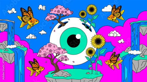 Surreal Floating Eyeball Garden with Winged Fish Pop Surrealism Flat Illustration with Bold Outlines